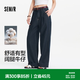 森馬（Semir）牛仔褲女夏半松緊腰純棉寬松闊腿褲腰帶顯瘦潮酷時尚高街長褲 原色牛仔98101 M 160/66A