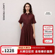 朗姿25棉質(zhì)復古碎花收腰傘擺短袖連衣裙翻領長裙女2026年秋季新款 干玫瑰紅色 M