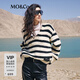 MO&Co.毛衣馬海毛綿羊毛羊駝毛混紡大V領落肩條紋針織衫摩安珂 白黑條色 M /165
