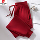 皮爾卡丹（pierre cardin）酒紅色休閑衛褲女裝春秋款2026新款純·棉拉鏈運動(dòng)褲女 酒紅色(春秋款) XL