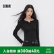 森馬（Semir）長袖T恤女春季短款純色正肩木耳邊花邊內搭分割緊身顯瘦上衣 黑色90001 M
