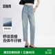 森馬（Semir）森柔|牛仔褲女夏季半松緊腰做舊長褲女生基礎舒適時尚錐形褲 牛仔淺黃泥染80331 M