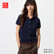 優衣庫精紡美利奴羊毛混紡POLO領針織開衫/短袖女裝T恤外套485307 69 藏青色 L