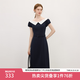 范思藍恩撞色拼接燈籠袖連衣裙女2025夏新款一字襯衫領(lǐng)中長裙2849 藏藍色 M