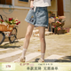 紫涵（ZIHAN）紫涵刺繡復古牛仔短褲女夏季新款高腰寬松顯瘦闊腿卷邊五分褲 淺牛仔藍 L