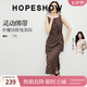 紅袖（hopeshow）撞色波點連衣裙2026春夏季新款女裝綁帶壓褶無袖顯瘦垂感雪紡長裙 咖底米點3831 L