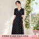 尚都比拉V領短袖印花連衣裙女夏季收腰顯瘦茶歇碎花裙優雅通勤中長裙