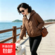 菱形格秋冬輕薄棉衣外套女款連帽保暖純色棉服寬松短款小棉襖上衣 咖啡色 XL 106-120斤