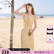 三彩2026春季新款法式兩穿方領雪紡碎花裙A字連衣裙荷葉袖長裙M 珞黃色花卉 XL 170/92A