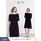 EIN言輕禮服高知感絲絨花邊拼接一字領(lǐng)落肩袖連衣裙氣質(zhì)春夏新款 石墨黑 S