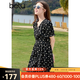百圖betu女裝夏季新款連衣裙V領泡泡袖印花收腰設計裙子女2503D07 黑色 M