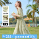 百圖betu女裝夏季新款連衣裙時髦燈籠袖可拆卸腰帶裙子女2503T96 綠色 S