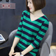 橫行道2026女裝條紋t恤新款中長(cháng)袖七分袖上衣服v領(lǐng)寬松打底衫外穿春裝 綠藍 L