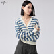 伊芙麗（eifini）伊芙麗V領(lǐng)條紋馬海毛針織開(kāi)衫女2024秋季新款極簡(jiǎn)風(fēng)簡(jiǎn)約上衣女裝 藍色 160/85CM/M