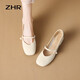 ZHR瑪麗珍鞋女復(fù)古淺口單鞋子女優(yōu)雅甜美粗跟方頭女鞋 CG71 米色 40