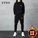 YTYO高檔品牌運動(dòng)衛衣套裝男春秋冬季寬松加絨圓領(lǐng)上衣潮牌ins長(cháng)袖t恤 Y黑色帶帽 套裝-加絨 XL (建議120-140斤)