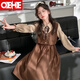 OEHE女童學(xué)院風(fēng)條絨連衣裙春秋裝中大童假兩件襯衫裙兒童女孩公主裙子 咖啡色 160 cm