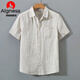 AIGNESA純亞麻襯衫男士短袖夏季薄款透氣麻料衣服中國(guó)風(fēng)復(fù)古休閑立領(lǐng)上衣 原麻色 【923方領(lǐng)】 XL 【135-150斤】