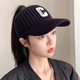 赫僮 空頂加絨帽秋冬款女C字母針織毛線(xiàn)帽運動(dòng)保暖馬尾鴨舌帽MD-6063 黑色-白標 均碼（58-60cm）