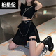 酷女孩純欲辣妹風(fēng)穿搭性感蹦迪女裝套裝夏露臍上衣服帥氣甜酷風(fēng)爵士跳舞 上衣+短ku +黑色裙套裝(腰帶) L(建議90-100斤)
