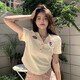 翊尚美短袖t恤女夏季棉質短款正肩翻領polo衫女裝新款甜辣風修身上衣 8333杏色V領【棉質薄款】 M 【適合95-105斤】