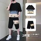 gxmy短袖t恤套裝男士新款日版潮牌印花體恤夏季一套休閑運(yùn)動(dòng)衣服夏裝 黑色 【短袖+短褲】 S 【70-85斤】