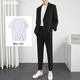 高級感春秋季墜感休閑西服套裝男寬松韓版痞帥潮流男裝輕熟風(fēng)小西裝外套畢業(yè)季學(xué)生班服禮直筒九分西褲子男 黑色【三件套】西服+褲子+T恤 L