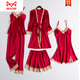 貓人（MiiOW）五件套蕾絲性感真絲睡衣女士夏季吊帶睡裙春秋長(cháng)袖睡袍絲綢家居服 酒紅色 5件裝 XL