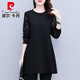 皮爾卡丹（pierre cardin）中長(cháng)款打底衫女春秋遮屁股2025新款大碼胖肥mm寬松長(cháng)袖T恤蕾絲衣 黑色 3XL