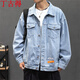 丁古得超大碼春季牛仔夾克外套男寬松工裝牛仔衣胖子肥佬男裝 淺藍色 L