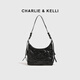 CHARLIE&KELLI CK品牌包包女包褶皺油蠟皮半月包時(shí)尚腋下包2025新款單肩斜挎包 黑色【聯(lián)系客服順豐包郵】