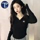PMOG純欲風(fēng)早秋上衣長(cháng)袖t恤女甜辣設計感小眾超顯瘦短款內搭打底衫ins 黑色-6691 L