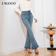 LAGOGO淺藍色高腰微喇牛仔褲女拉谷谷春秋新款彈力復古開(kāi)叉長(cháng)褲 淺牛仔藍(N7) L