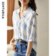 尚都比拉抽象印花條紋襯衫女夏季新款女裝設計感七分袖休閑襯衣 白配藍 L