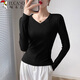 啄木鳥(niǎo)v領(lǐng)長(cháng)袖t恤女春秋薄款螺紋打底衫內搭修身顯瘦氣質(zhì)減齡上衣 黑色 L