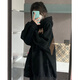 索菲堡 美式hiphop潮牌華棉衛衣女冬oversize寬松加絨正肩黑色連帽外套 黑色薄款 L