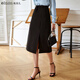 Olrain歐芮兒黑色半身裙女秋季高腰氣質(zhì)直身開(kāi)叉設計感包臀裙 黑色 S
