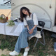 織迷（weave infatuations）牛仔背帶褲女春夏新款韓版寬松顯瘦時(shí)尚洋氣減齡直筒闊腿連體 藍(lán)色背帶長(zhǎng)褲【7505】 L