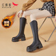 紅蜻蜓女靴高筒靴不過(guò)膝長(zhǎng)筒靴新品冬季加絨保暖厚底軟皮拉鏈顯瘦騎士靴 黑色加絨 38