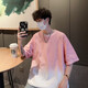 唐號（tanghao）漸變短袖T恤男款夏季潮牌潮流寬松大碼上衣服2025新款五分袖T恤 粉色 L