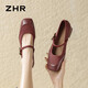 ZHR瑪麗珍鞋子女氣質(zhì)優(yōu)雅淺口粗跟單鞋方頭女鞋 K283 酒紅色 36