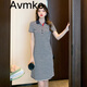 潮牌Avmko連衣裙2022夏新款韓版POLO領(lǐng)條紋連衣裙學(xué)院風(fēng)別致減齡T恤裙女松設(shè)計感包臀A字裙 藍色 S