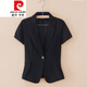 皮爾卡丹（pierre cardin）夏季女士短袖小西裝外套修身薄款網(wǎng)紗西服感氣質(zhì)職業(yè)上衣針織 黑色 4XL 140-150斤