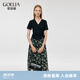 歌莉婭真絲套裝女夏新款桑蠶絲V領(lǐng)t恤上衣印花半裙1C7CAC170 8AD黑綠粉鉆花印花 XS (160)
