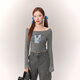 CHUU蝴蝶結(jié)兔子印花T恤女2025秋新品甜辣一字肩木耳邊長袖上衣 灰色 均碼