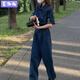 麥潮尚港味復古高腰直筒牛仔連體褲秋款韓版時(shí)尚感氣質(zhì)連體工裝褲女 藍色 S
