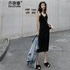 丹珠娜 黑色吊帶針織連衣裙女秋季中長(cháng)款V領(lǐng)黑色打底內搭修身針織背心連衣裙女 黑色 均碼