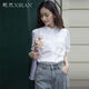 熙然夏季新款小立領(lǐng)泡泡袖不規則蕾絲拼接短袖襯衫女白色上衣 米白色 M