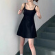 妙奕嘉吊帶連衣裙女黑色純欲裙子女士夏天女裝新款小個子顯瘦遮肚小黑裙 后背打結收腰吊帶短裙【黑色】 M 【建議95-100斤】