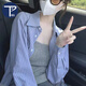 PMOG藍(lán)色條紋襯衫女設(shè)計小眾春季外搭開衫外套別致小個子上衣潮 藍(lán)色（實物顏色偏淺) M 【建議100斤-110斤內(nèi)】